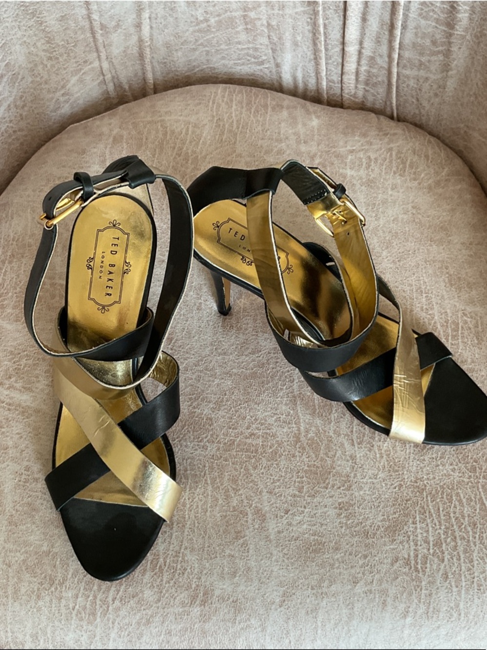 Ted Baker Black and Gold Strappy Stiletto Sandals
